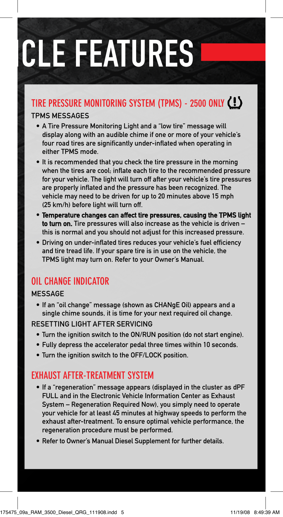 Vehicle features | Ram Trucks 2009 Diesel - Quick Reference Guide User Manual | Page 5 / 12