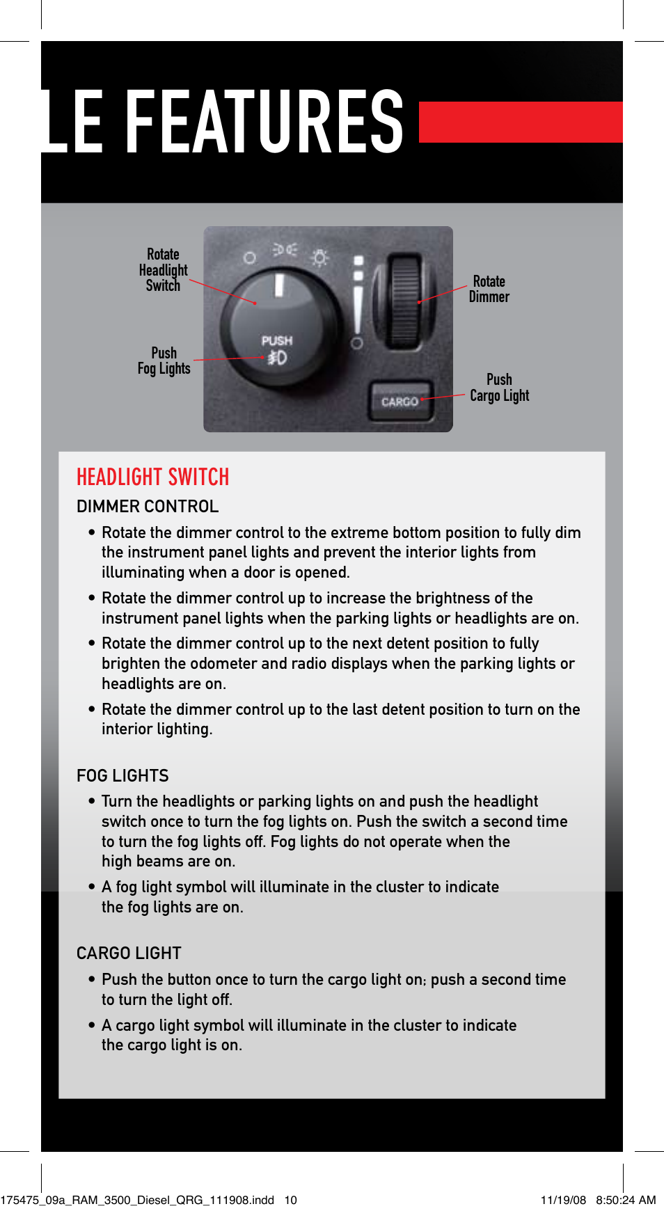 Vehicle features, Headlight switch | Ram Trucks 2009 Diesel - Quick Reference Guide User Manual | Page 9 / 12