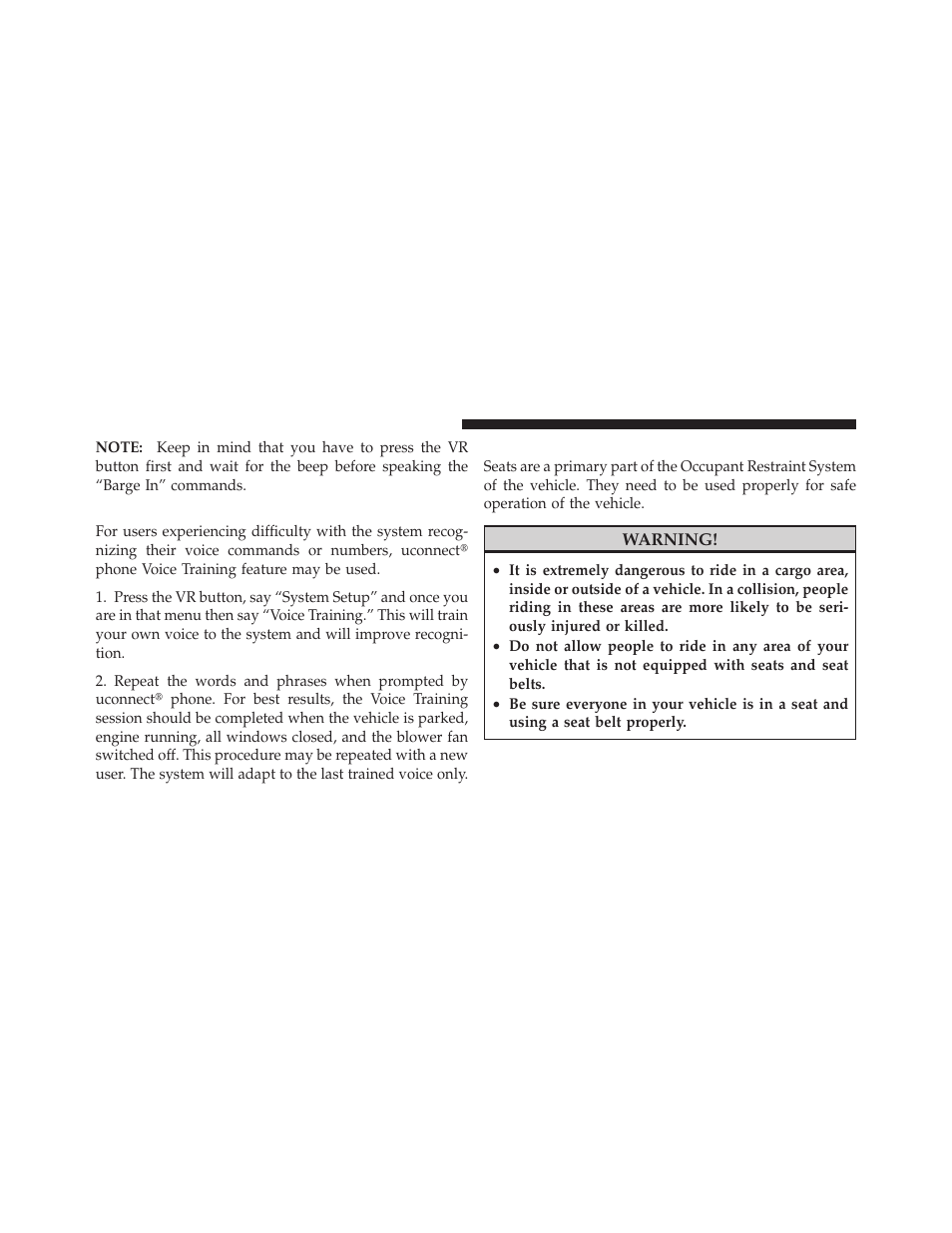 Voice training, Seats | Ram Trucks 2009 1500 - Owner Manual User Manual | Page 134 / 543