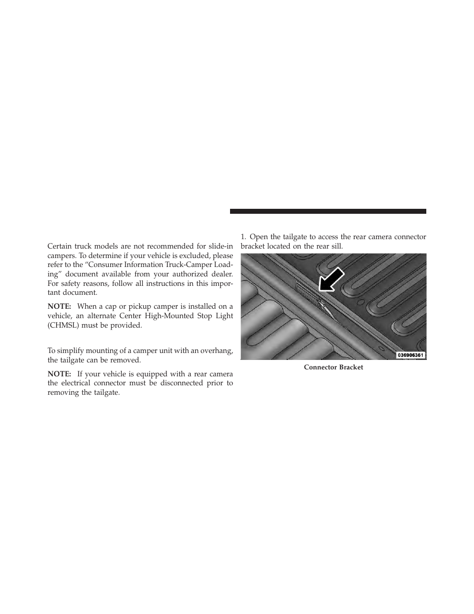 Slide-in campers, Camper applications, Easy-off tailgate | Disconnecting the rear camera - if equipped | Ram Trucks 2009 1500 - Owner Manual User Manual | Page 218 / 543