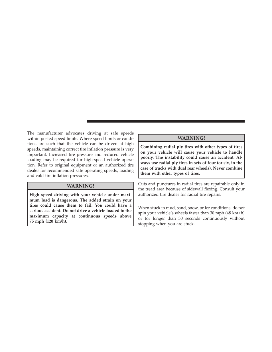 Tire pressures for high speed operation, Radial ply tires, Tire spinning | Ram Trucks 2009 1500 - Owner Manual User Manual | Page 376 / 543