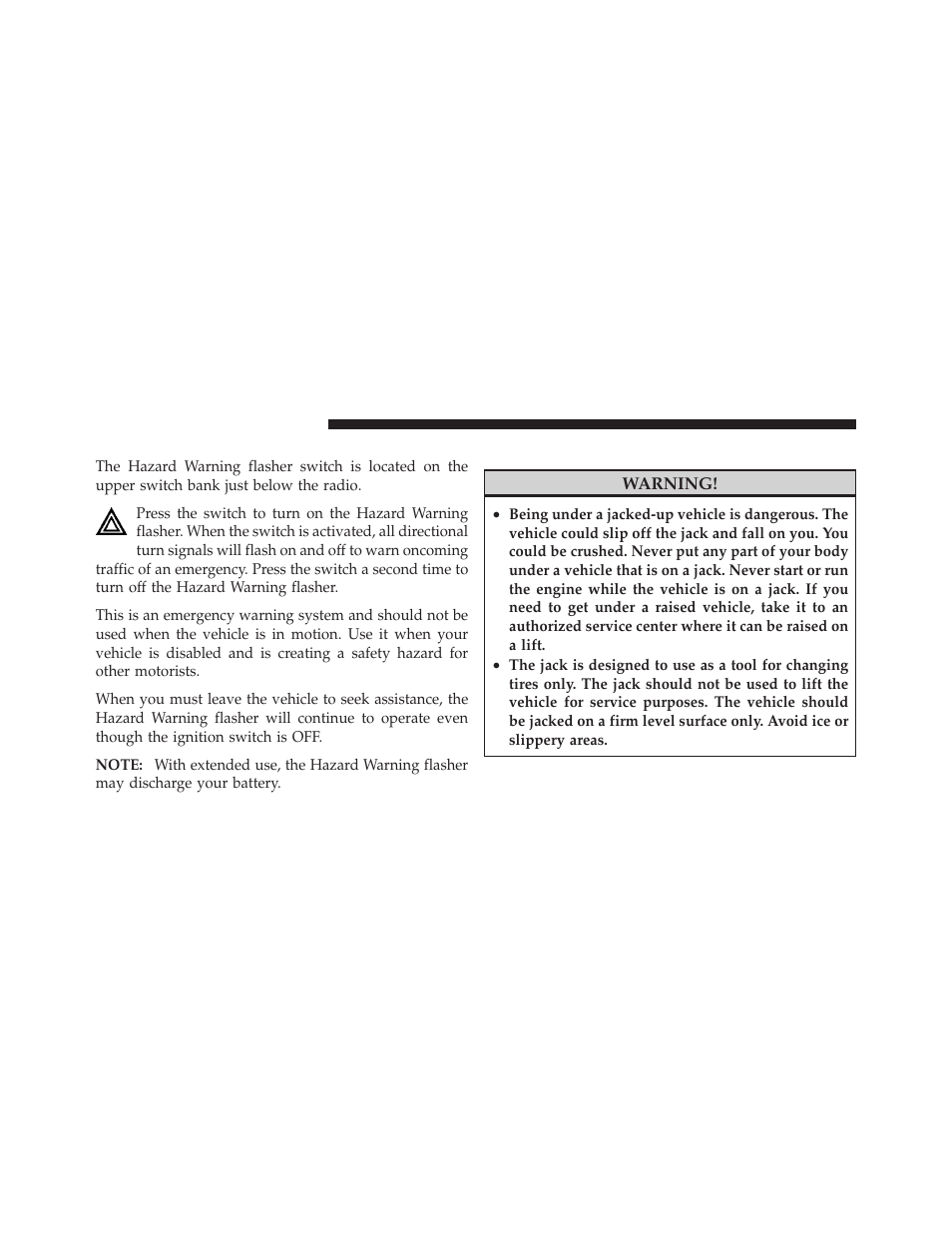 Hazard warning flasher, Jacking and tire changing | Ram Trucks 2009 1500 - Owner Manual User Manual | Page 422 / 543