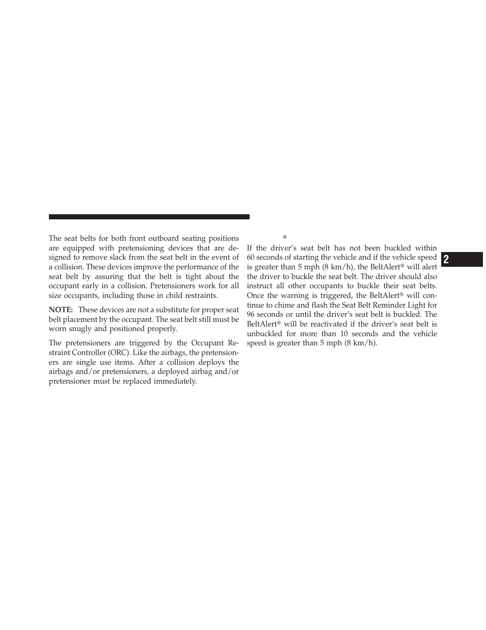 Seat belt pretensioners, Enhanced seat belt use reminder system (beltalert) | Ram Trucks 2009 1500 - Owner Manual User Manual | Page 53 / 543