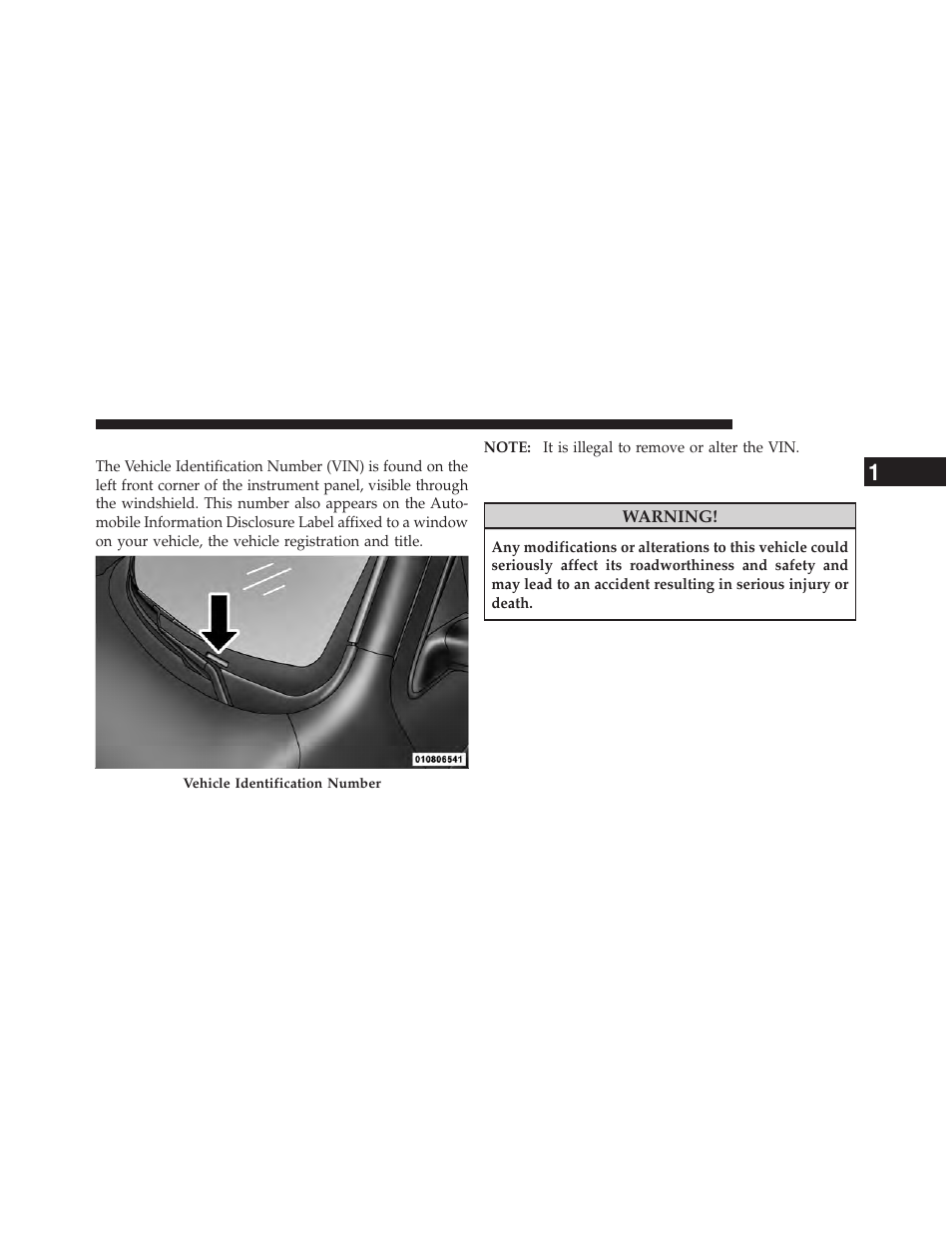 Vehicle identification number, Vehicle modifications/alterations | Ram Trucks 2009 1500 - Owner Manual User Manual | Page 9 / 543