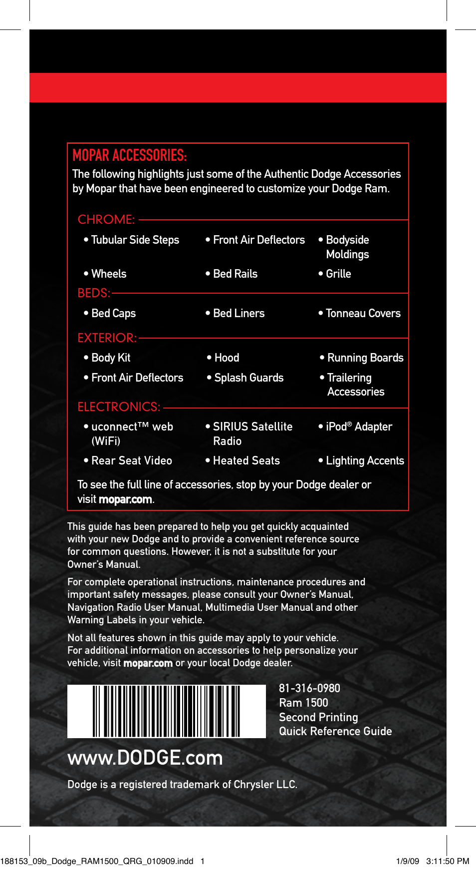 Mopar accessories | Ram Trucks 2009 1500 - Quick Reference Guide User Manual | Page 12 / 12