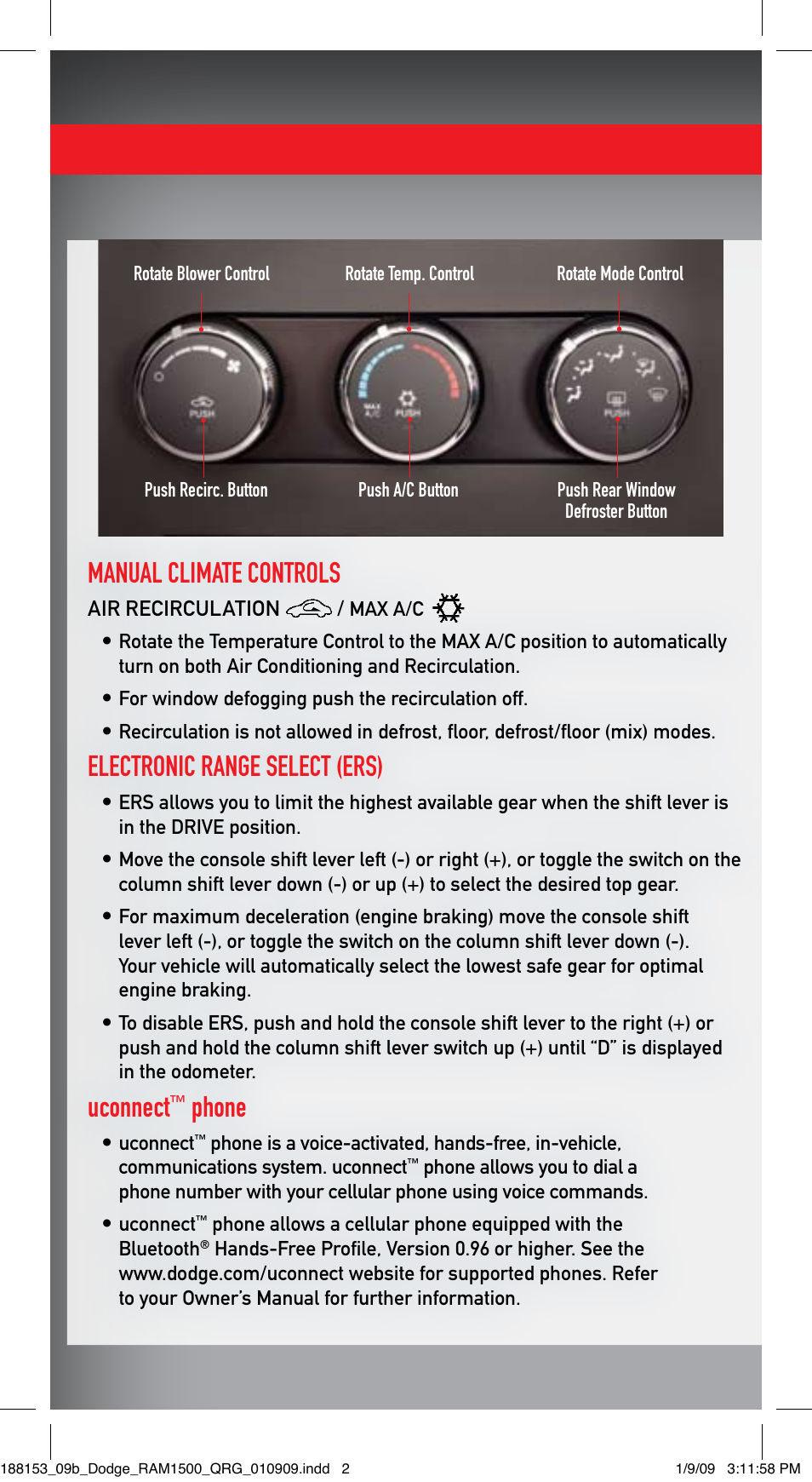 Manual climate controls, Electronic range select (ers), Uconnect | Phone | Ram Trucks 2009 1500 - Quick Reference Guide User Manual | Page 2 / 12