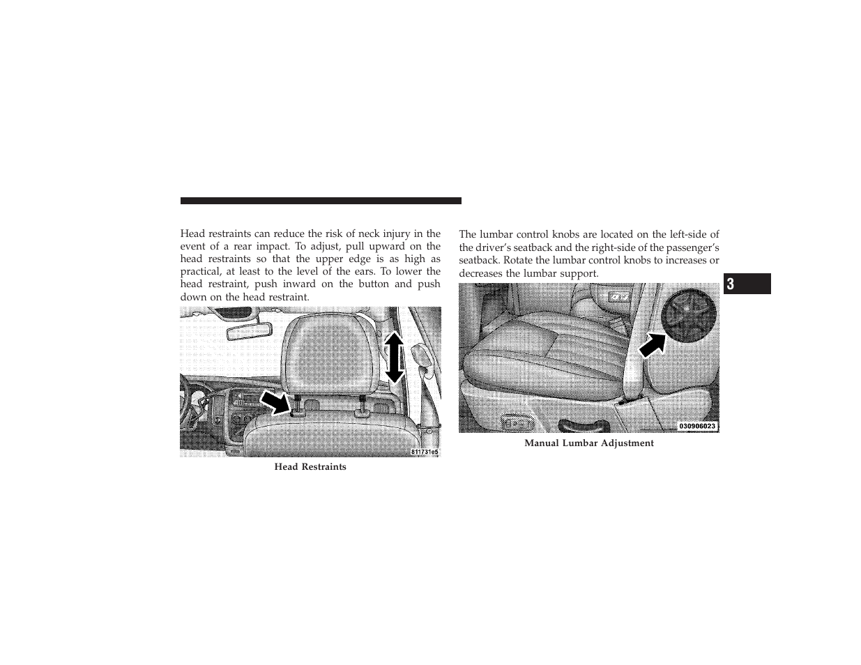 Adjustable head restraints, Manual lumbar support - if equipped, Manual lumbar support — if equipped | Ram Trucks 2009 3500 - Owner Manual User Manual | Page 125 / 532