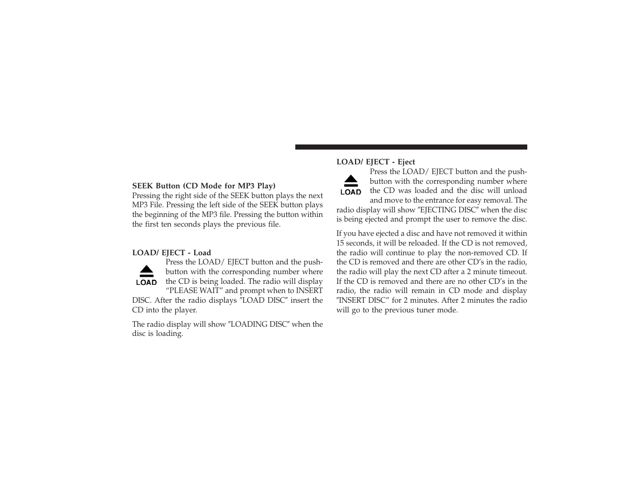 Load/eject button (cd mode for mp3 play), Operation instructions - (cd mode for mp3, Audio play) | Load/eject button, Cd mode for mp3 play) | Ram Trucks 2009 3500 - Owner Manual User Manual | Page 216 / 532