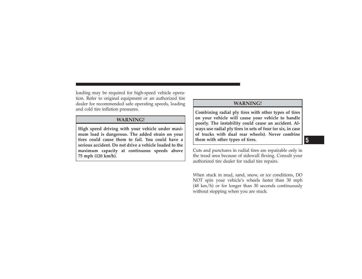 Radial ply tires, Tire spinning | Ram Trucks 2009 3500 - Owner Manual User Manual | Page 359 / 532