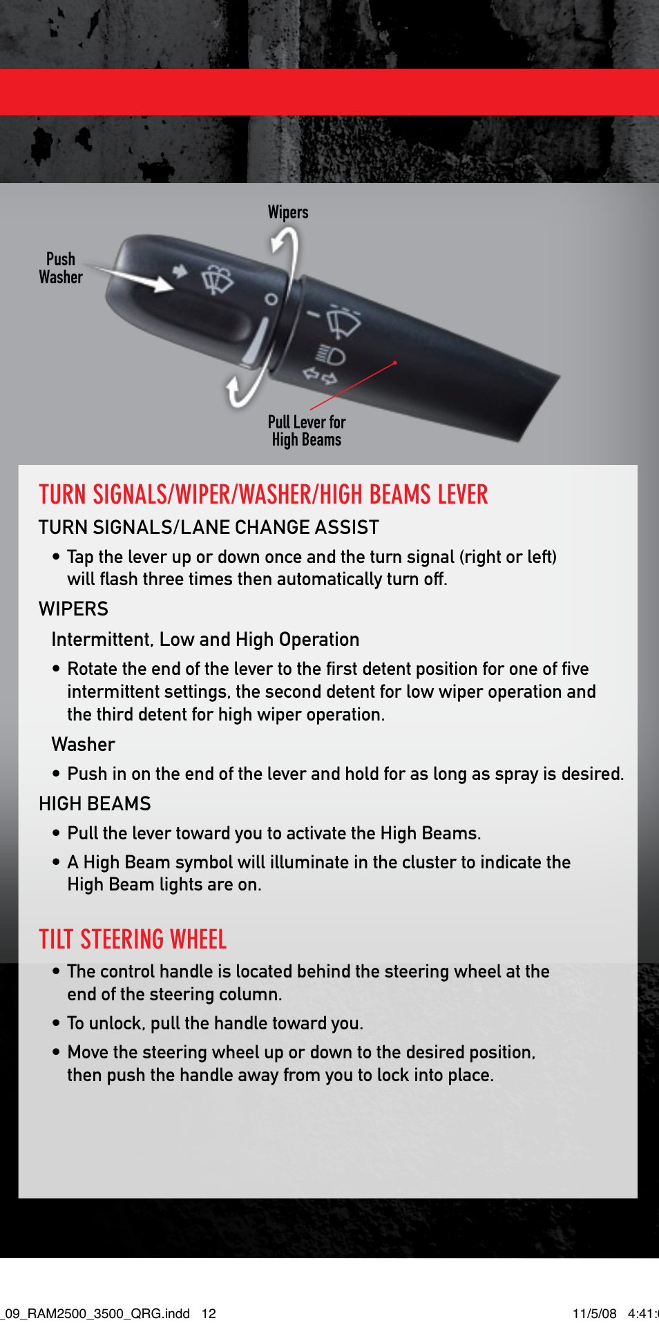 Turn signals/wiper/washer/high beams lever, Tilt steering wheel | Ram Trucks 2009 3500 - Quick Reference Guide User Manual | Page 11 / 12