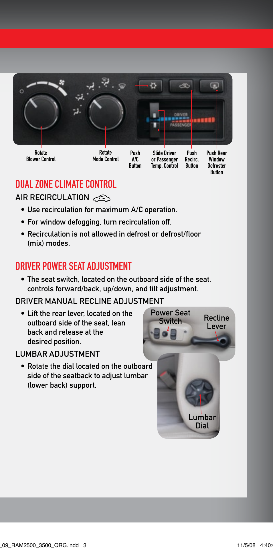 Dual zone climate control, Driver power seat adjustment | Ram Trucks 2009 3500 - Quick Reference Guide User Manual | Page 3 / 12