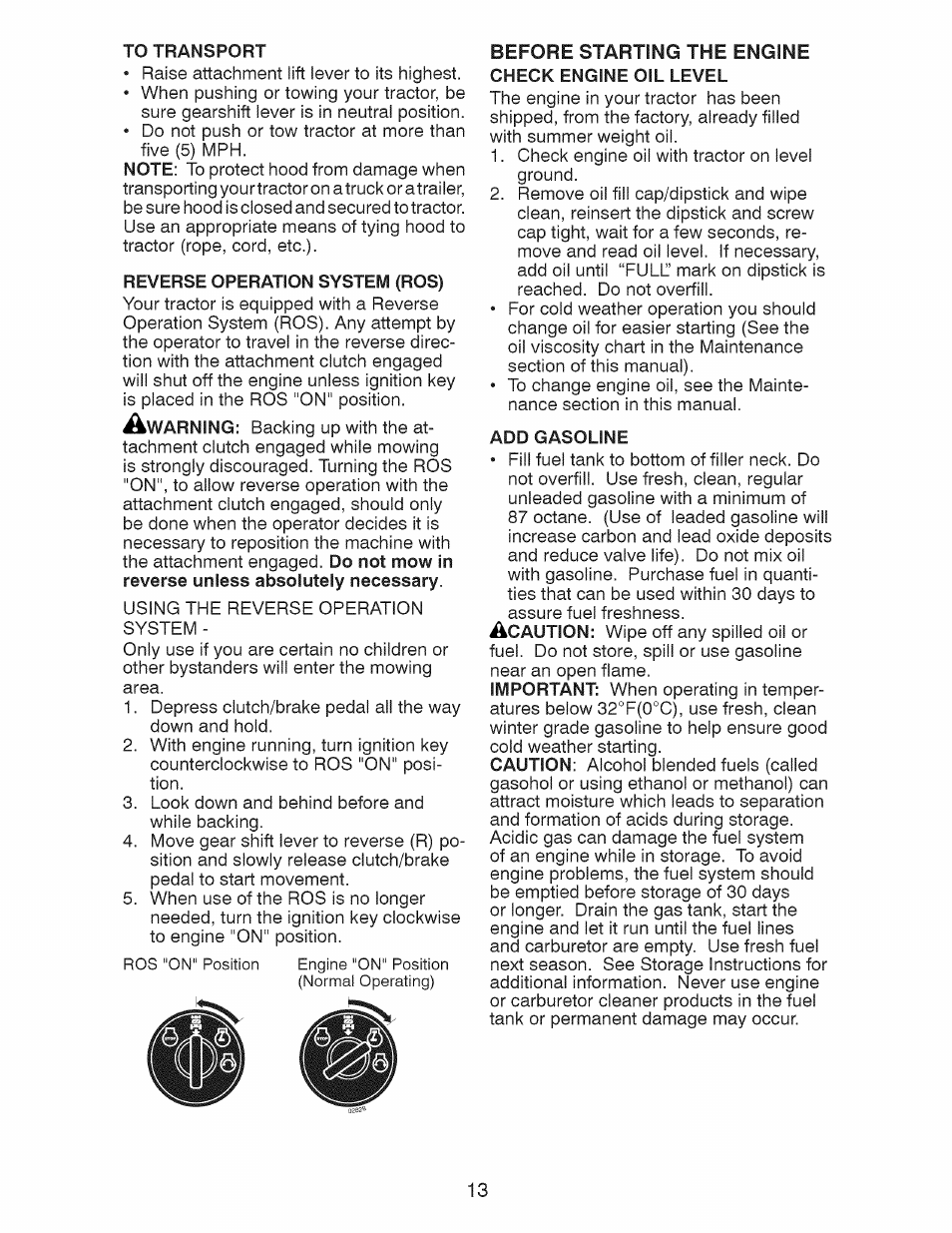 Reverse operation system (ros), Add gasoline | Craftsman 917.28921 User Manual | Page 13 / 64