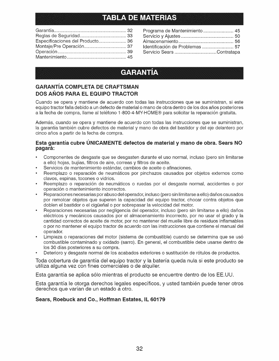 Sears, roebuck and co., hoffman estafes, il 60179, Tabla de materias, Garantía | Craftsman 917.28921 User Manual | Page 32 / 64