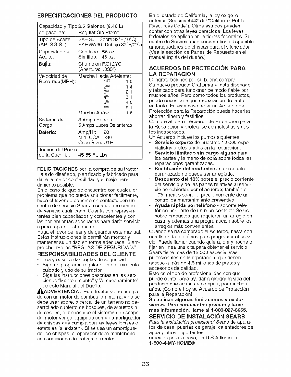 Responsabilidades del cliente, Acuerdos de protección para la reparación, Servicio de instalación sears | Craftsman 917.28921 User Manual | Page 36 / 64