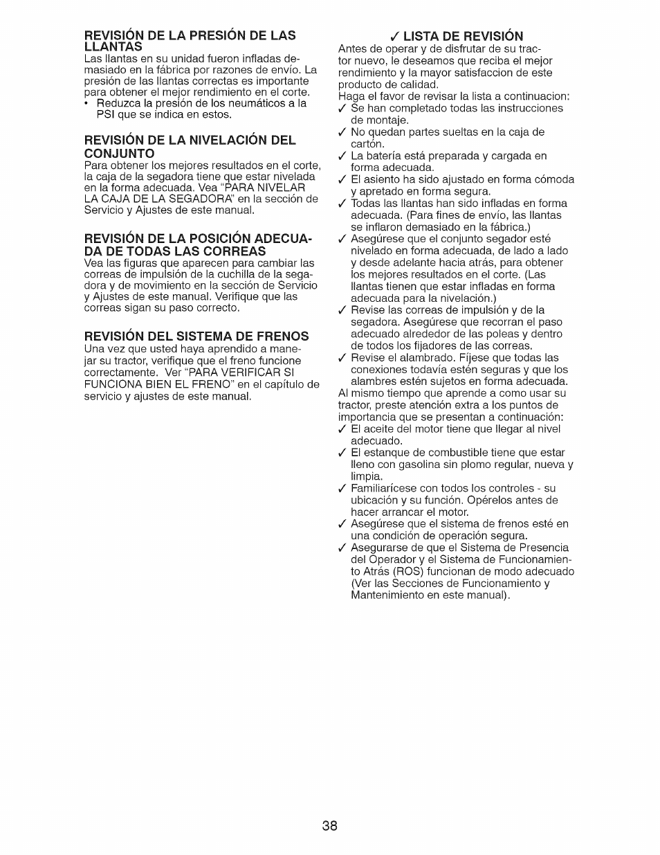 Revisión de la presión de las llantas, Revisión de la nivelación del conjunto, Revisión del sistema de frenos | Lista de revisión | Craftsman 917.28921 User Manual | Page 38 / 64