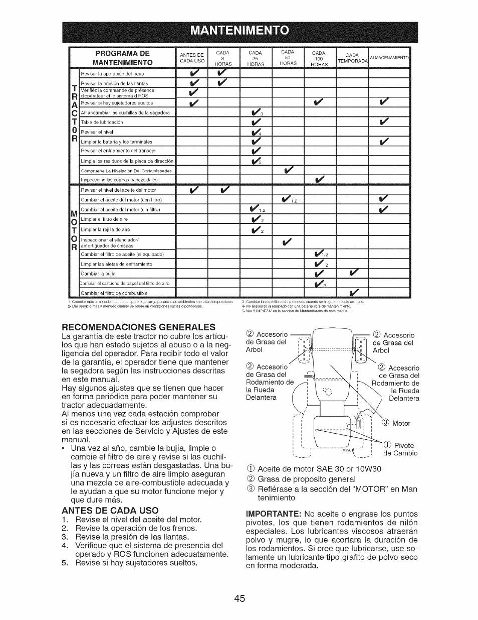 Antes de cada uso, Mantenimento, Recomendaciones generales | Importante | Craftsman 917.28921 User Manual | Page 45 / 64