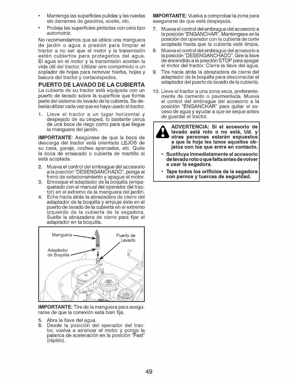 Puerto de lavado de la cubierta | Craftsman 917.28921 User Manual | Page 49 / 64
