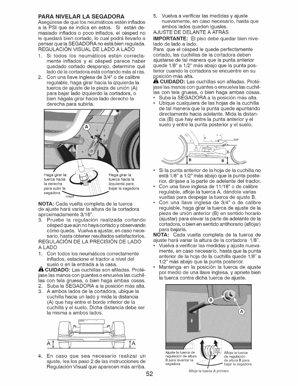 Para nivelar la segadora | Craftsman 917.28921 User Manual | Page 52 / 64