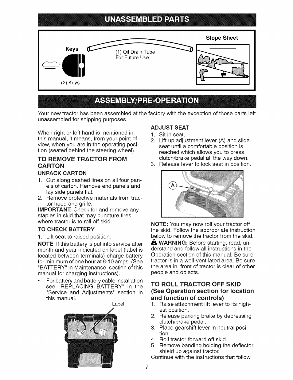 Unpack carton, To check battery, Adjust seat | Unassembled parts, Assembly/pre-operation | Craftsman 917.28921 User Manual | Page 7 / 64