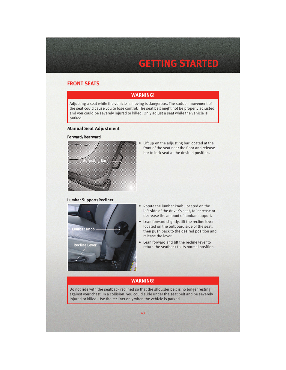 Front seats, Manual seat adjustment, Getting started | Dodge 2010 Dakota User Manual | Page 15 / 76