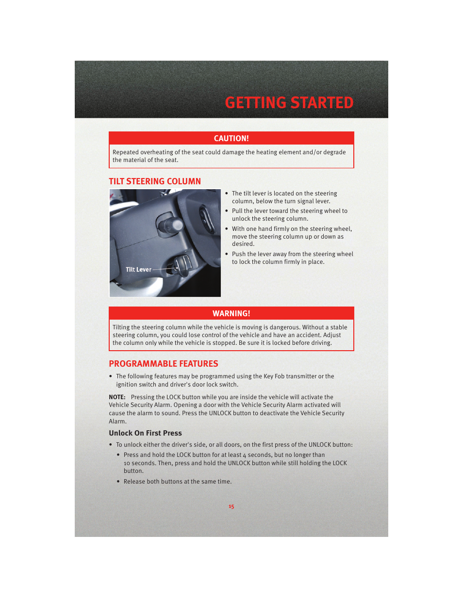 Tilt steering column, Programmable features, Unlock on first press | Getting started | Dodge 2010 Dakota User Manual | Page 17 / 76