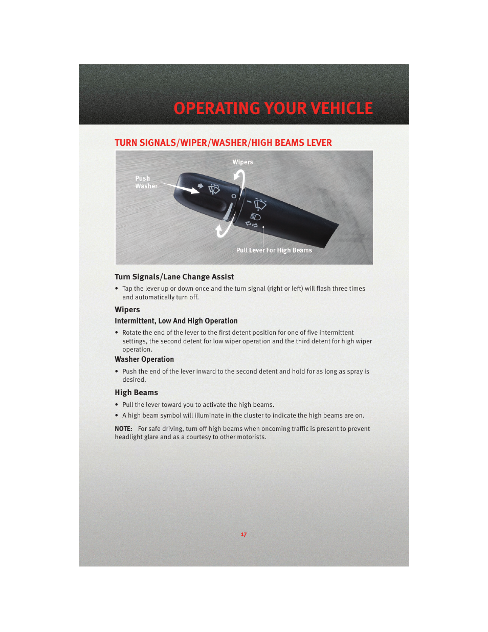 Operating your vehicle, Turn signals/wiper/washer/high beams lever, Turn signals/lane change assist | Wipers, High beams | Dodge 2010 Dakota User Manual | Page 19 / 76