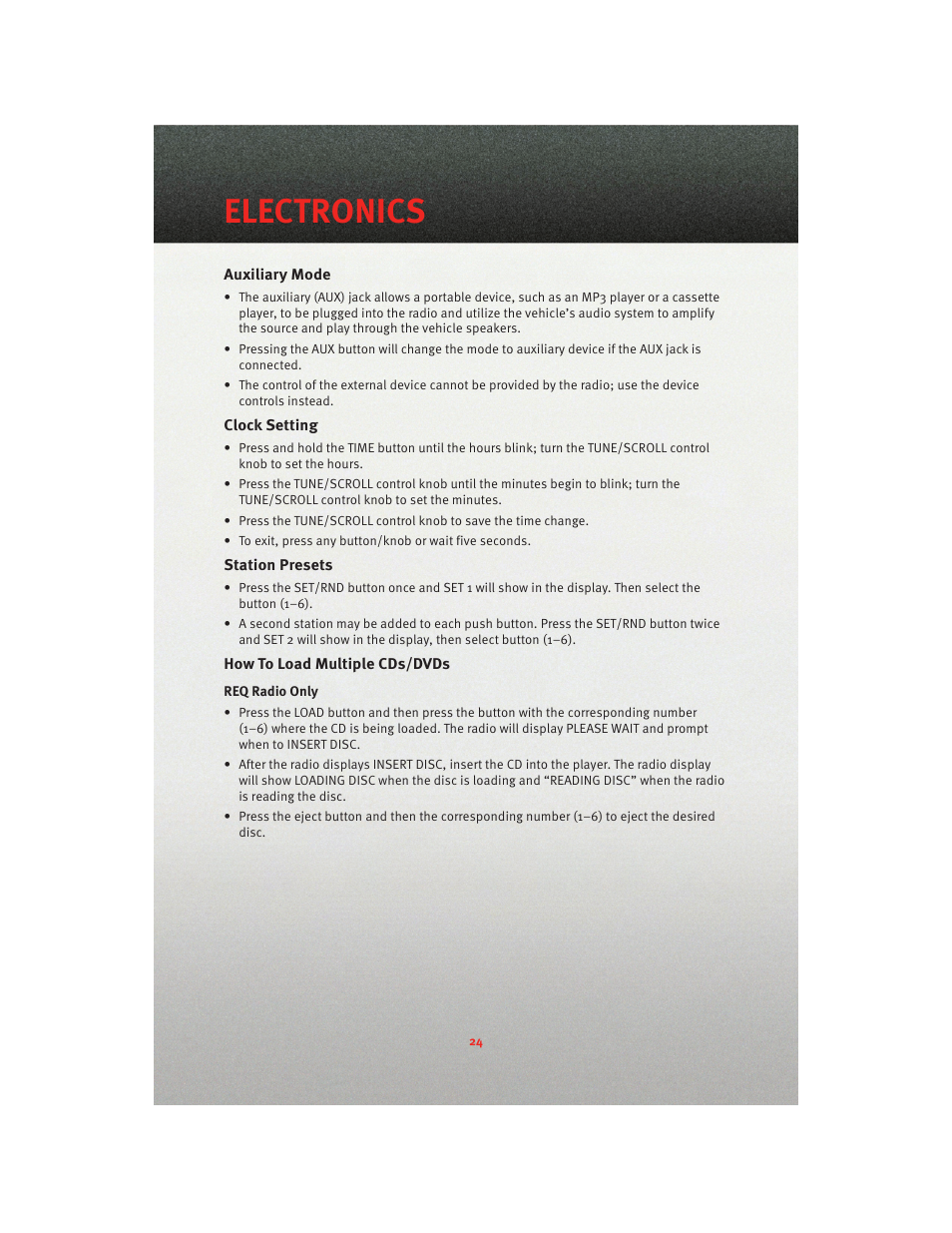 Auxiliary mode, Clock setting, Station presets | How to load multiple cds/dvds, Electronics | Dodge 2010 Dakota User Manual | Page 26 / 76