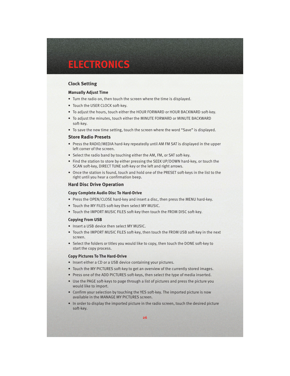 Clock setting, Store radio presets, Hard disc drive operation | Electronics | Dodge 2010 Dakota User Manual | Page 28 / 76