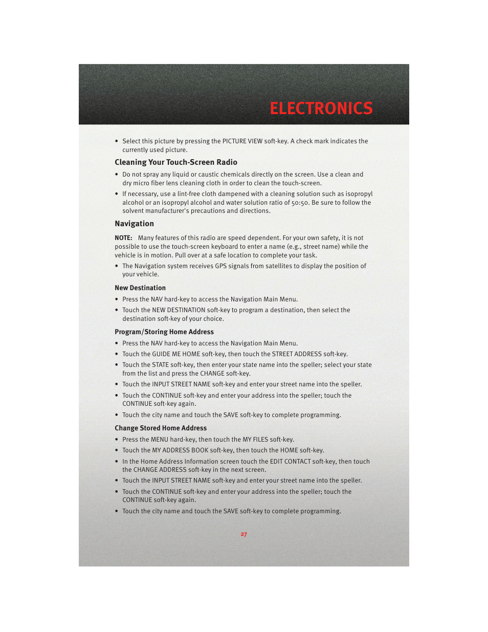 Cleaning your touch-screen radio, Navigation, Electronics | Dodge 2010 Dakota User Manual | Page 29 / 76