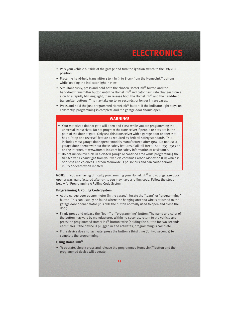 Electronics, Warning | Dodge 2010 Dakota User Manual | Page 31 / 76