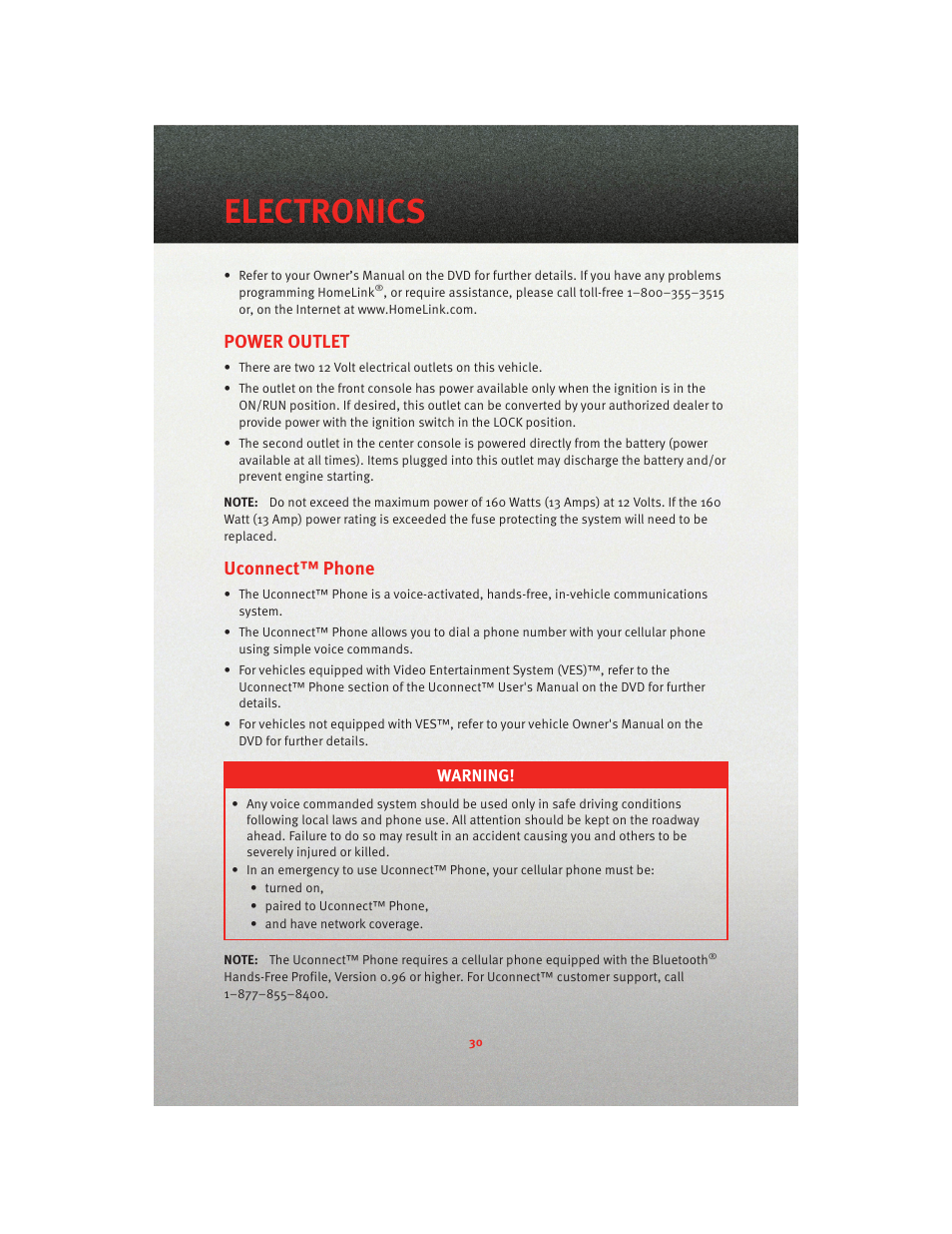 Power outlet, Uconnect™ phone, Electronics | Dodge 2010 Dakota User Manual | Page 32 / 76