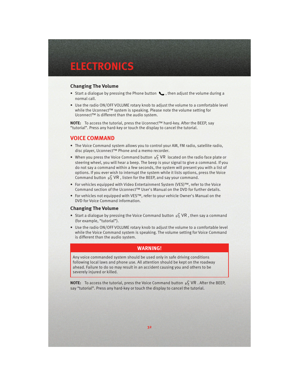 Changing the volume, Voice command, Electronics | Dodge 2010 Dakota User Manual | Page 34 / 76