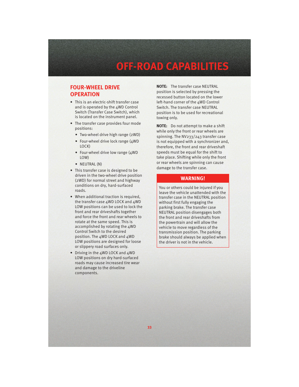 Off-road capabilities, Four-wheel drive operation | Dodge 2010 Dakota User Manual | Page 35 / 76