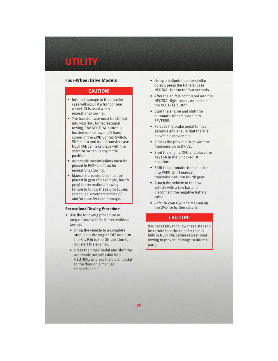 Four-wheel drive models, Utility | Dodge 2010 Dakota User Manual | Page 38 / 76