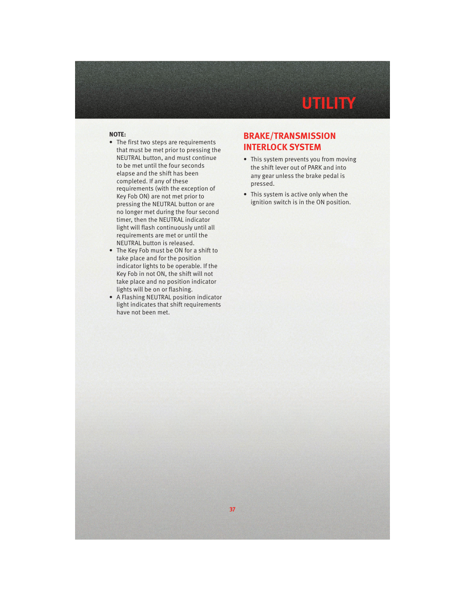 Brake/transmission interlock system, Utility | Dodge 2010 Dakota User Manual | Page 39 / 76