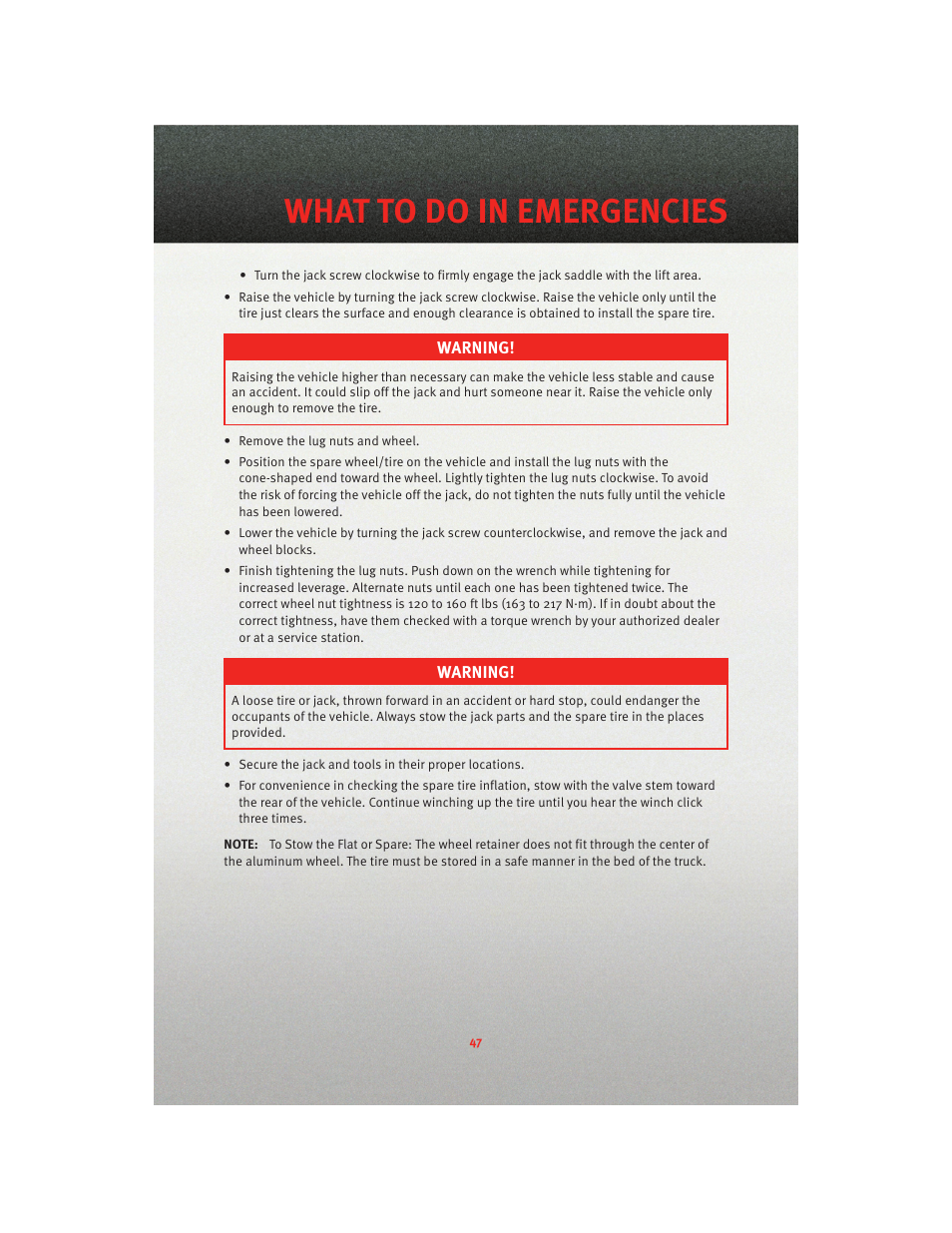 What to do in emergencies | Dodge 2010 Dakota User Manual | Page 49 / 76
