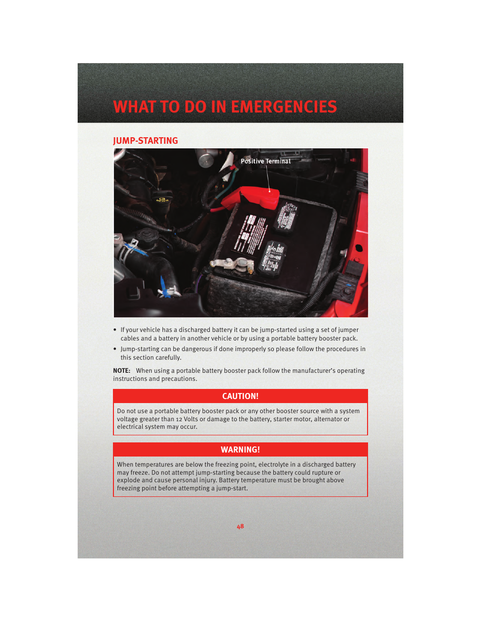 Jump-starting, What to do in emergencies | Dodge 2010 Dakota User Manual | Page 50 / 76