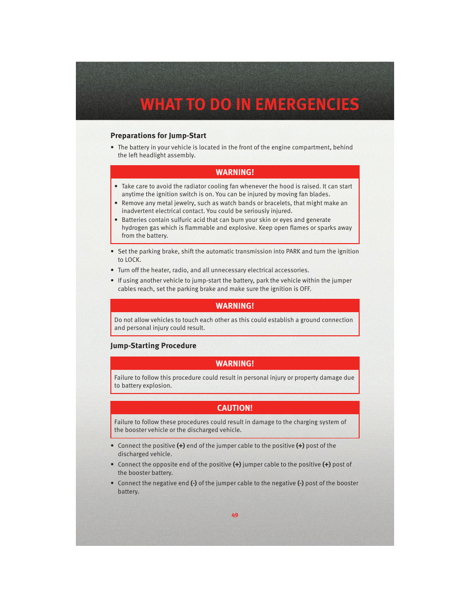 Preparations for jump-start, Jump-starting procedure, What to do in emergencies | Dodge 2010 Dakota User Manual | Page 51 / 76