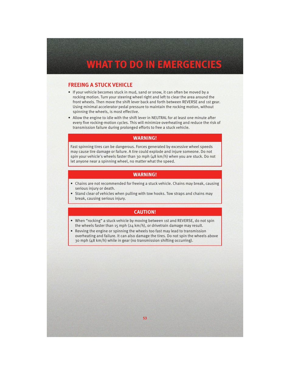 Freeing a stuck vehicle, What to do in emergencies | Dodge 2010 Dakota User Manual | Page 55 / 76