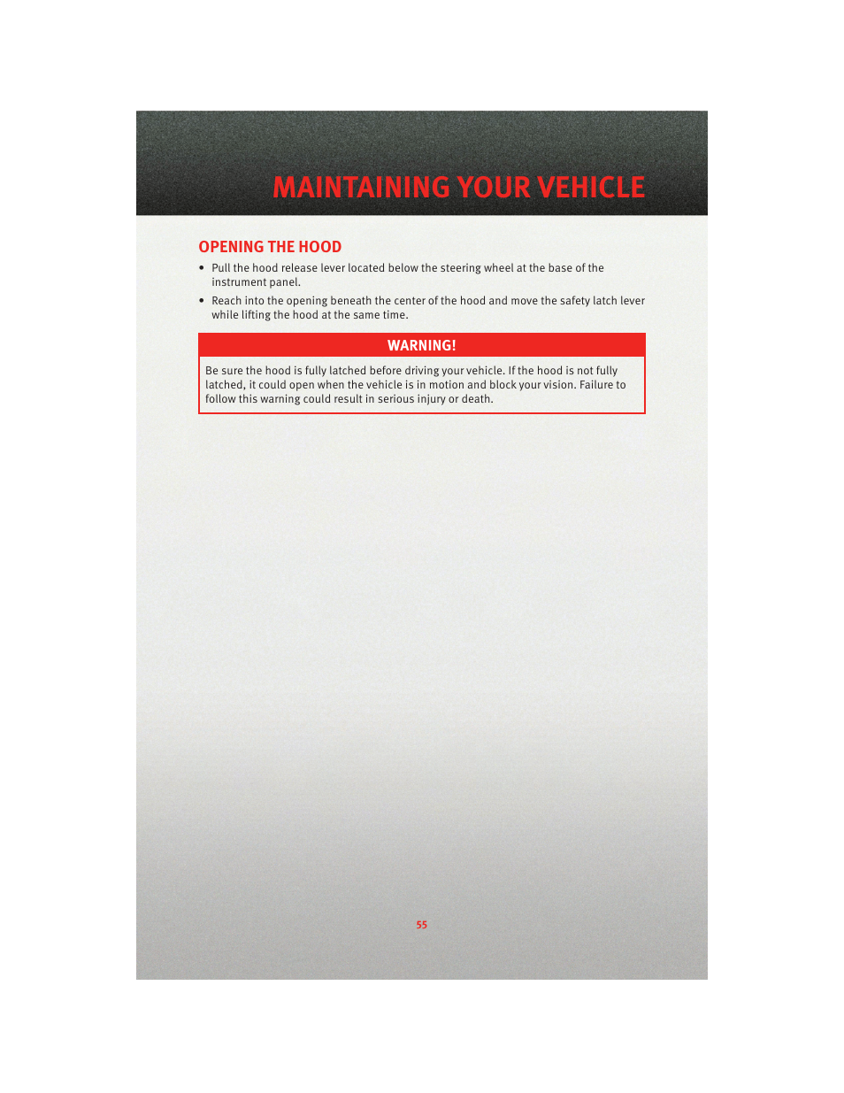 Maintaining your vehicle, Opening the hood, Engine compartment | Dodge 2010 Dakota User Manual | Page 57 / 76