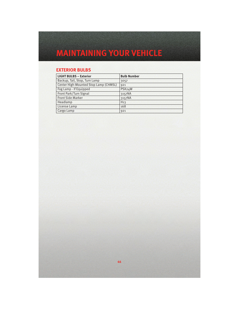 Exterior bulbs, Maintaining your vehicle | Dodge 2010 Dakota User Manual | Page 68 / 76