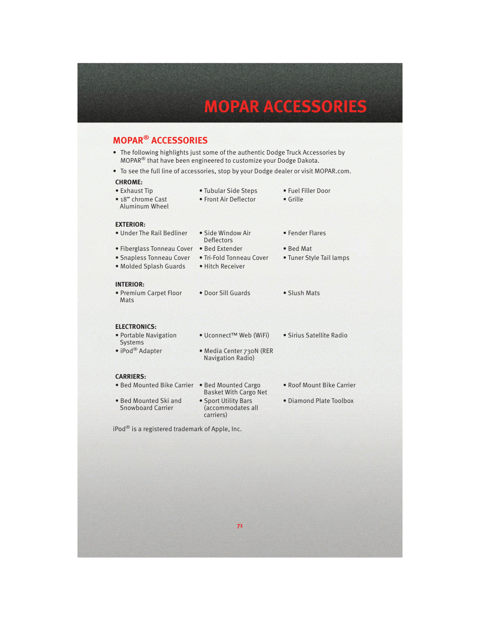 Mopar accessories, Mopar® accessories, Mopar | Accessories | Dodge 2010 Dakota User Manual | Page 73 / 76