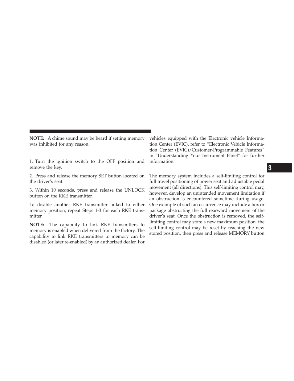 To disable a rke transmitter linked to memory, Self-limiting control, To disable a rke transmitter linked to | Memory | Ram Trucks 2010 3500 - Owner Manual User Manual | Page 113 / 616