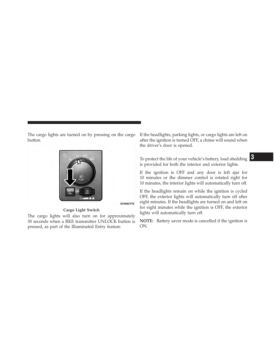 Cargo light, Lights-on reminder, Battery saver | Ram Trucks 2010 3500 - Owner Manual User Manual | Page 121 / 616