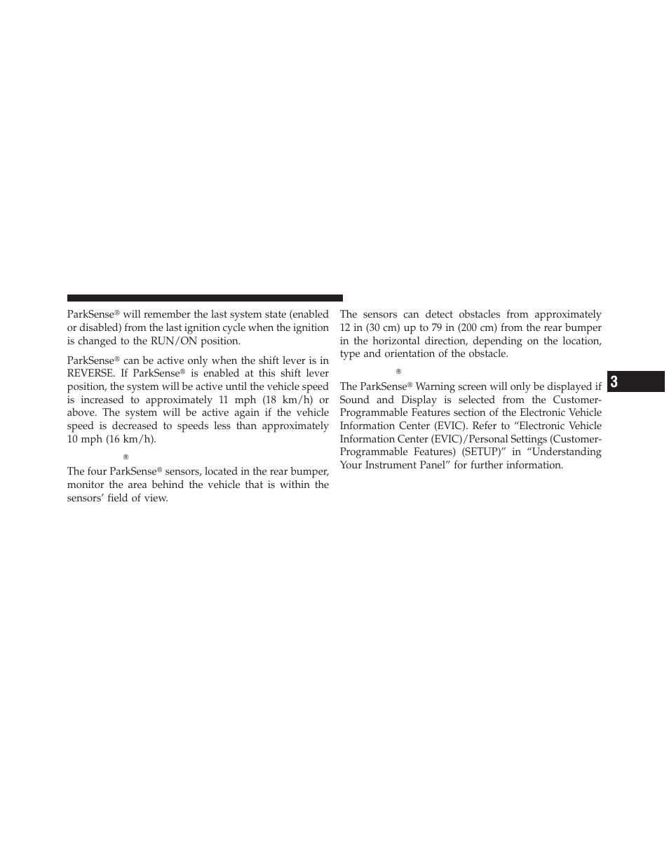 Parksenseĥ sensors, Parksenseĥ warning display, Parksense௡ sensors | Parksense௡ warning display | Ram Trucks 2010 3500 - Owner Manual User Manual | Page 133 / 616