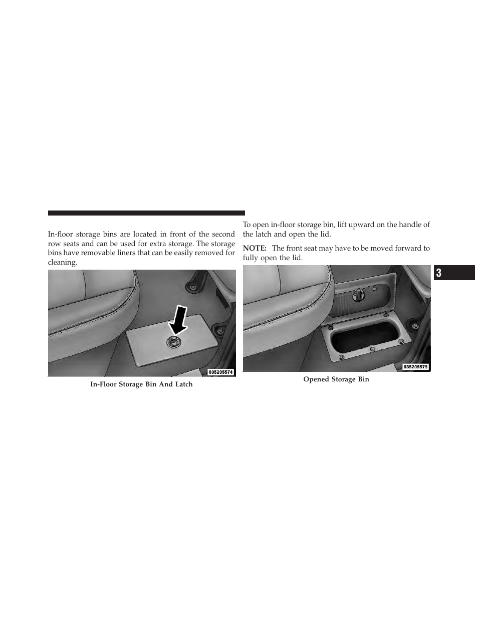 Second row in-floor storage bin — if equipped, Second row in-floor storage bin — if, Equipped | Ram Trucks 2010 3500 - Owner Manual User Manual | Page 169 / 616