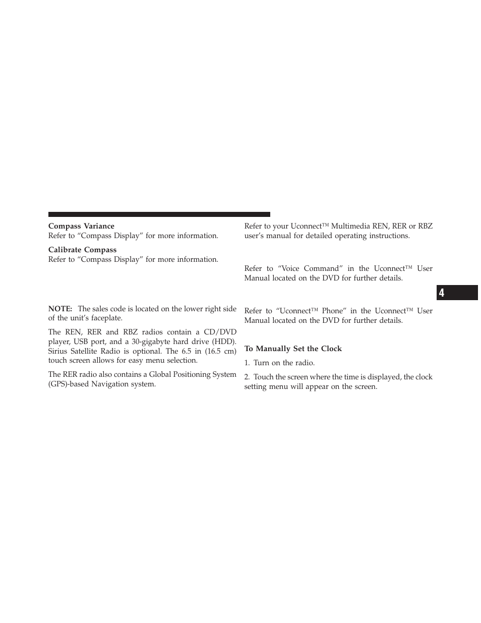 Clock setting procedure — rbz radio, Media center 730n/430 (rer/ren/rbz), Operating instructions — voice command | System — if equipped, Operating instructions — uconnect™ phone, If equipped | Ram Trucks 2010 3500 - Owner Manual User Manual | Page 243 / 616