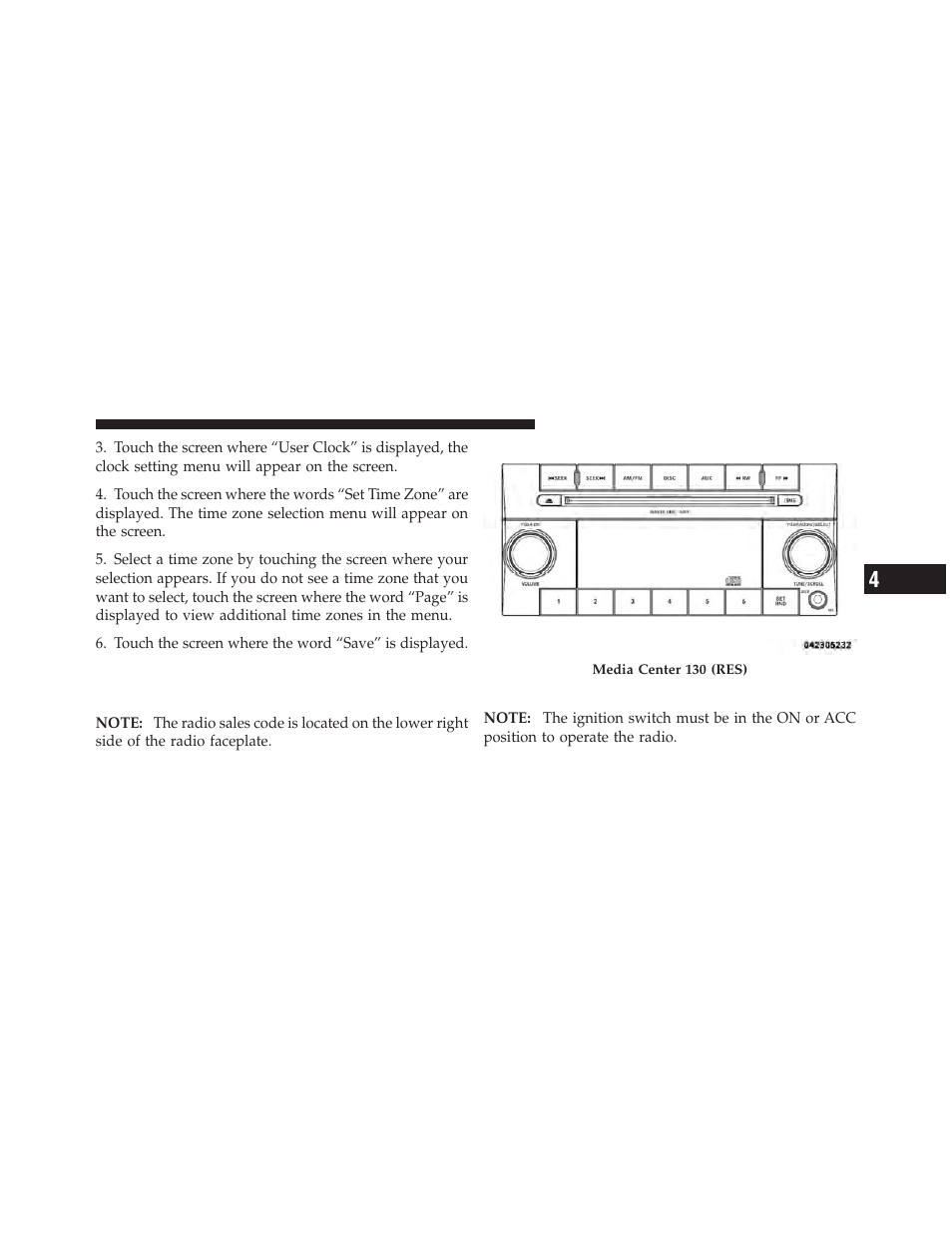 Operating instructions — radio mode, Media center 130 (res) — am/fm stereo, Radio with cd player (mp3 aux jack) | Ram Trucks 2010 3500 - Owner Manual User Manual | Page 247 / 616