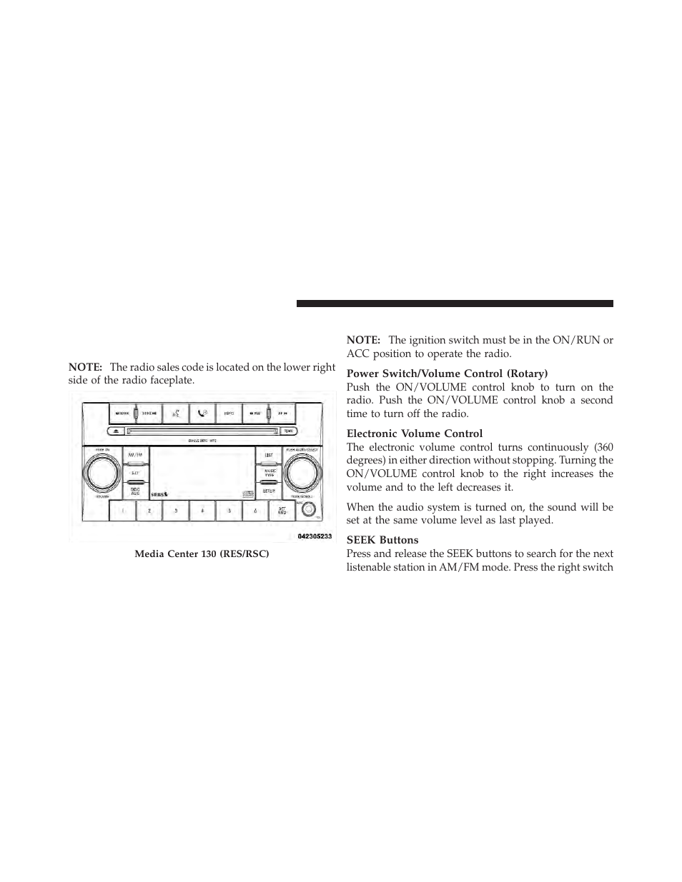 Operating instructions — radio mode, Media center 130 (res/rsc) — am/fm | Ram Trucks 2010 3500 - Owner Manual User Manual | Page 256 / 616