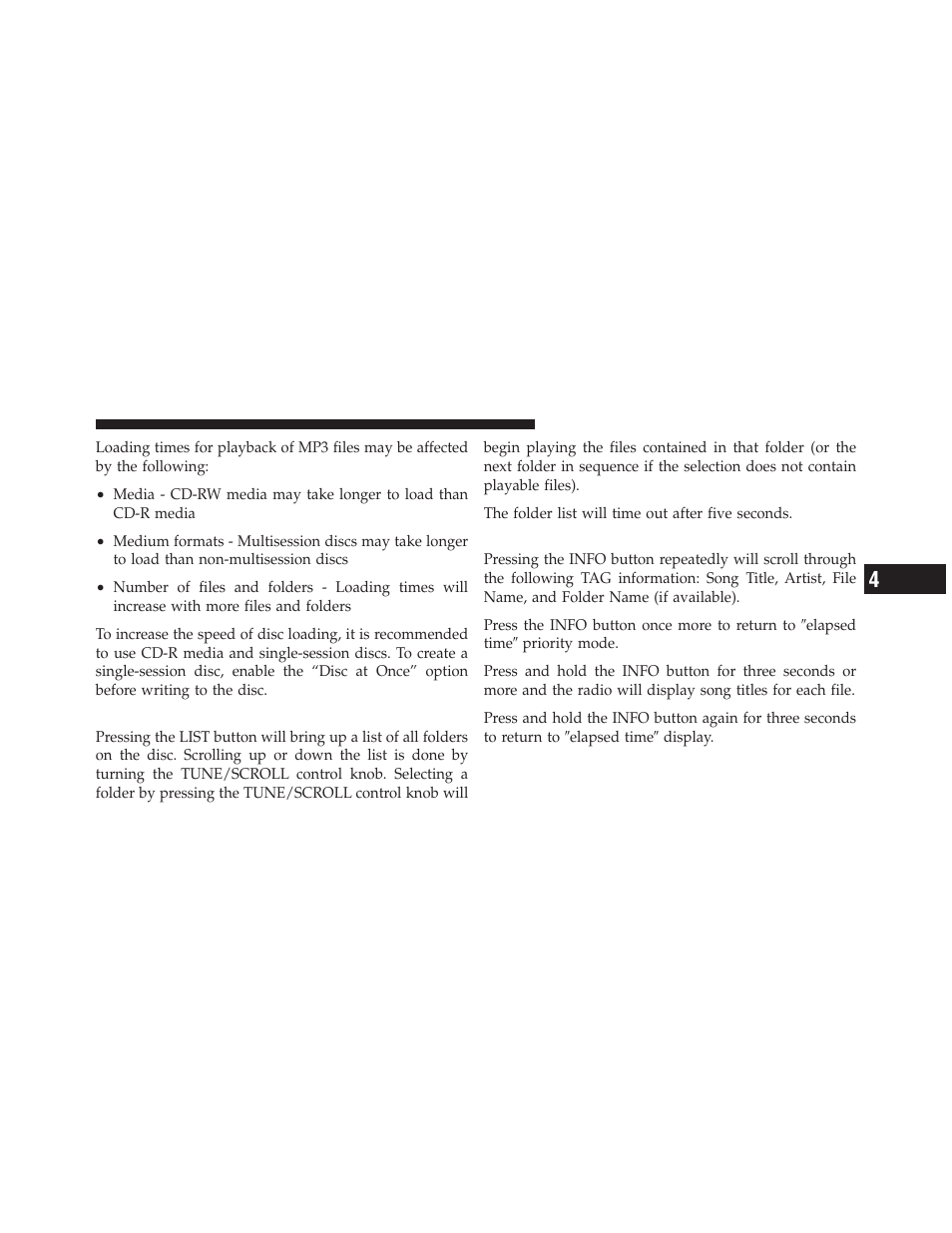 List button (cd mode for mp3 play), Info button (cd mode for mp3 play) | Ram Trucks 2010 3500 - Owner Manual User Manual | Page 267 / 616